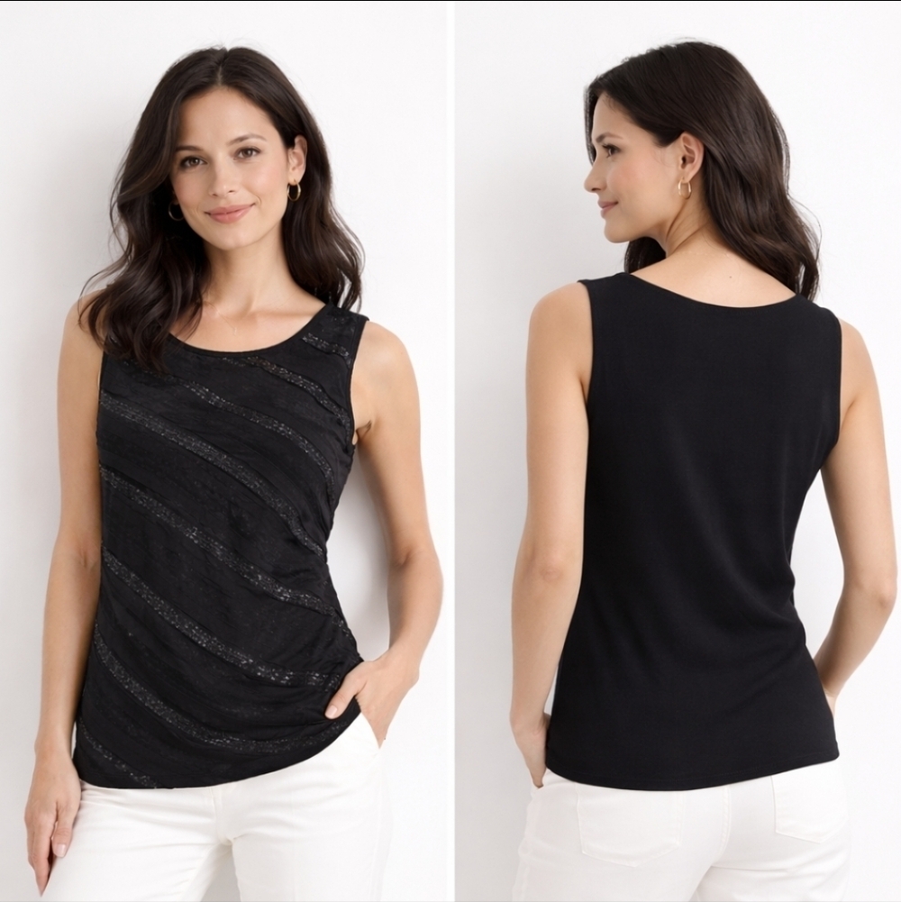 ANN TAYLOR Petite Black Sequin Sheer Stripe Sleeveless Top XSP